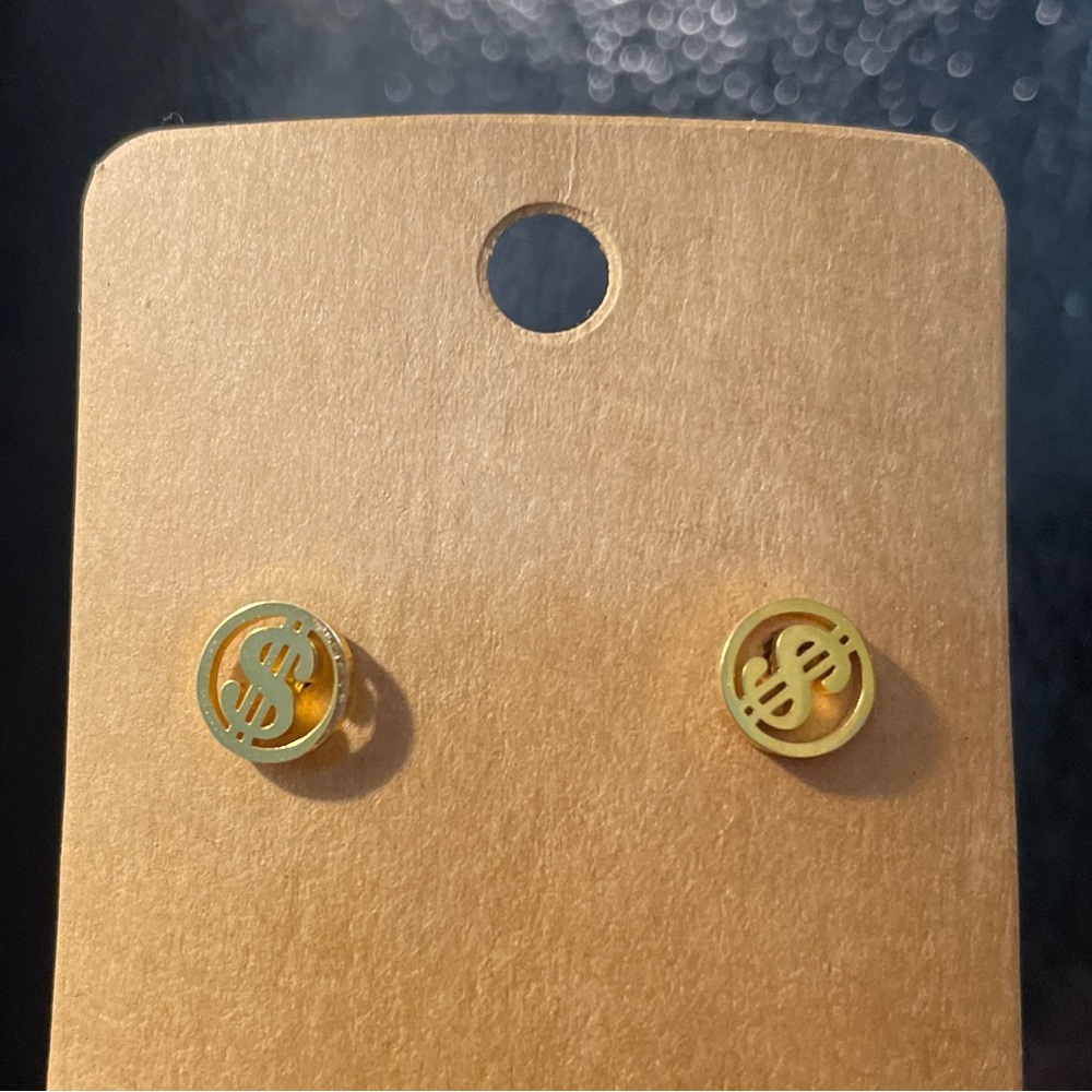 Gold money sign stud earrings